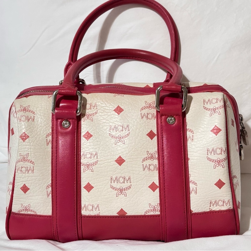 MCM authentic boston style bag, pink leather trim EUC